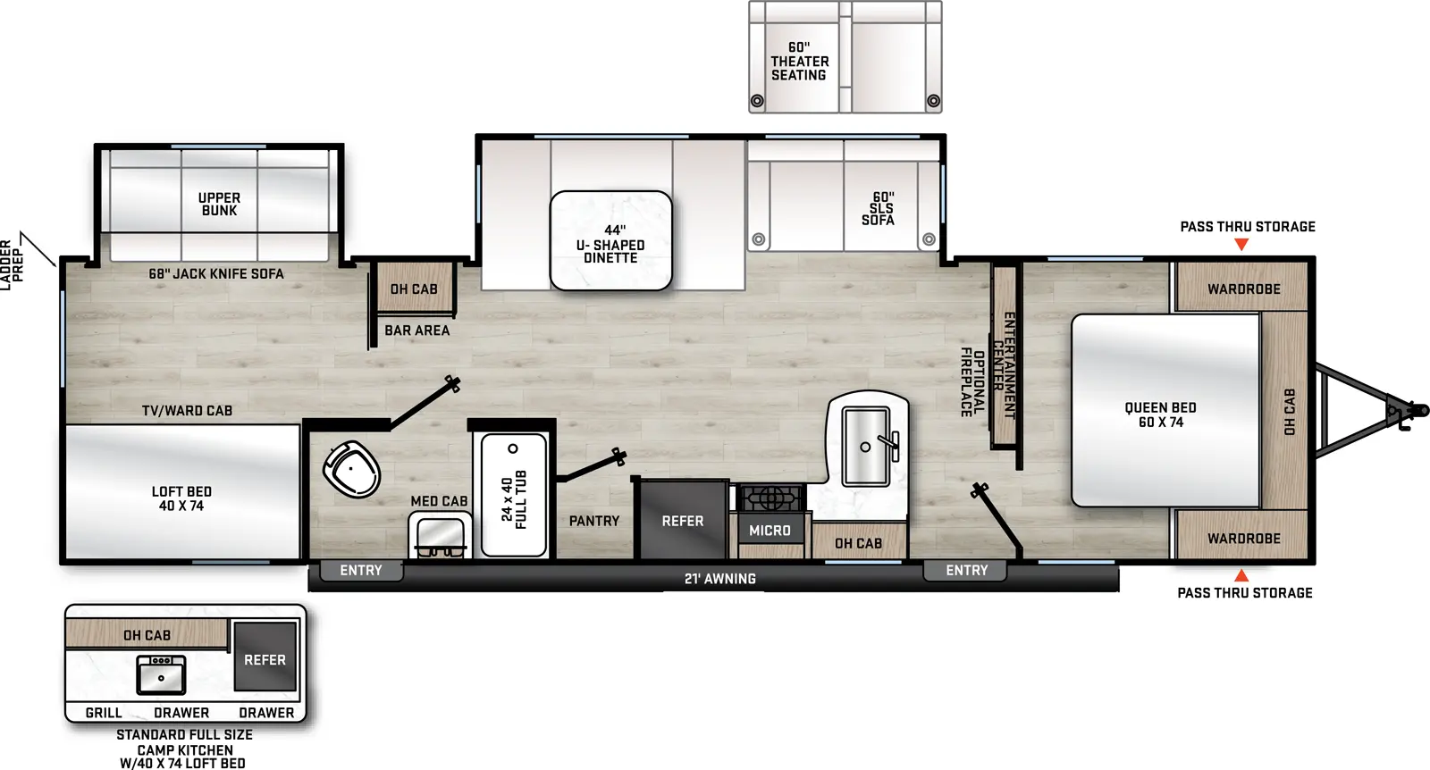 The Aurora 320BDS floorplan has two entries and two slide outs. Exterior features include: fiberglass exterior, 21' awning and outside kitchen. Interiors features include: bunk beds and front bedroom.